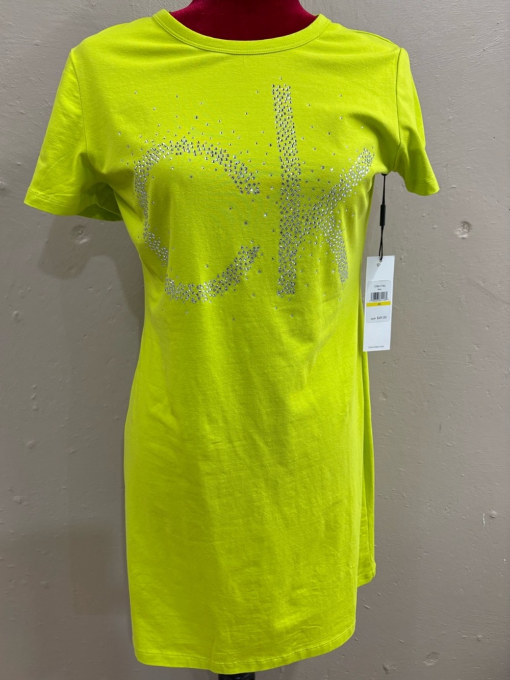 Calvin Klein Neon Lime rhinestones Logo Tee Dress women size Medium (8-10)
New